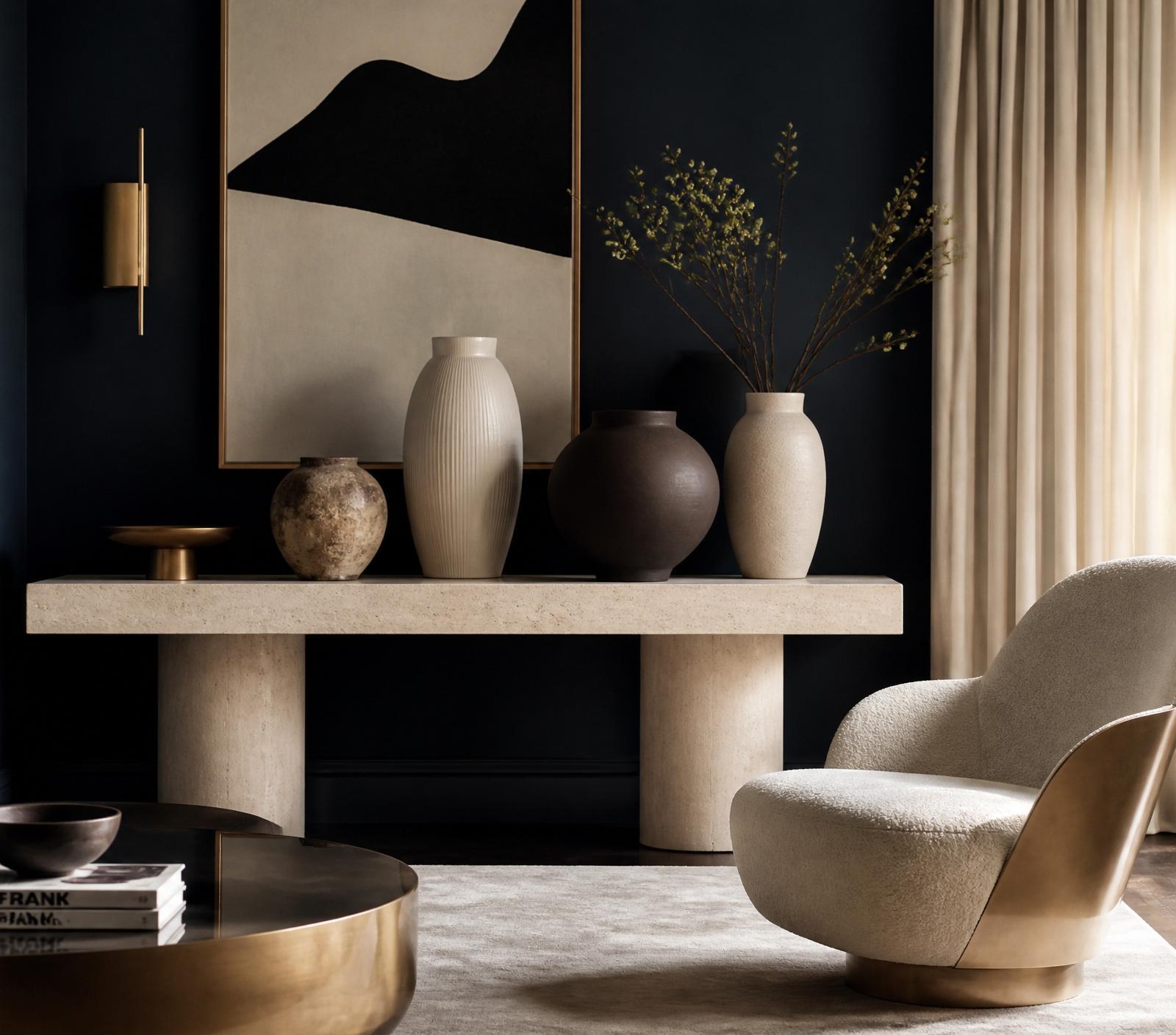 Modern interior with sculptural ceramic vases on a travertine console